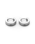 Pair of silver hoop earrings on a white background
